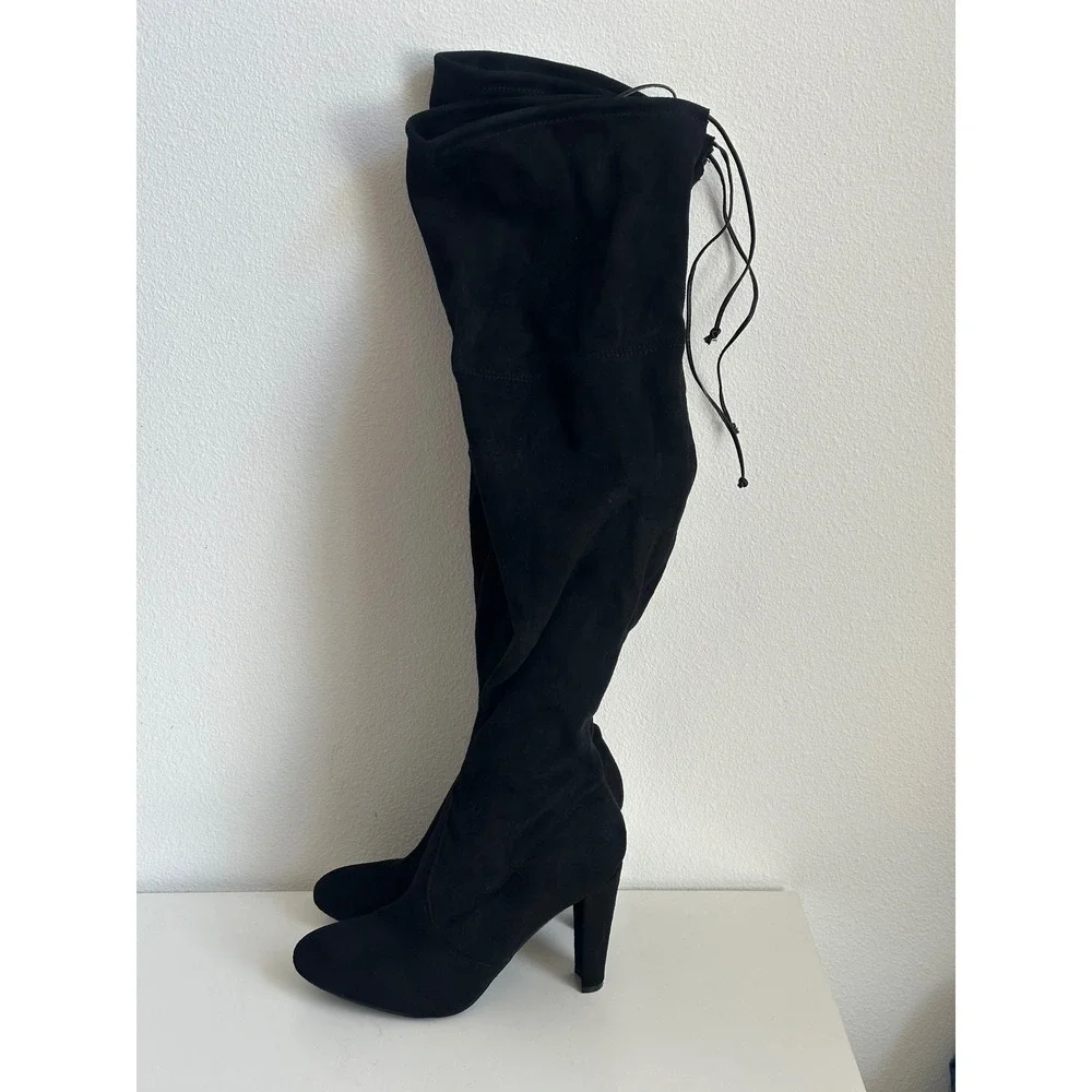 Black Faux Suede Over The Knee Boots Pointed Toe Block Heel Size 10 Drawstring